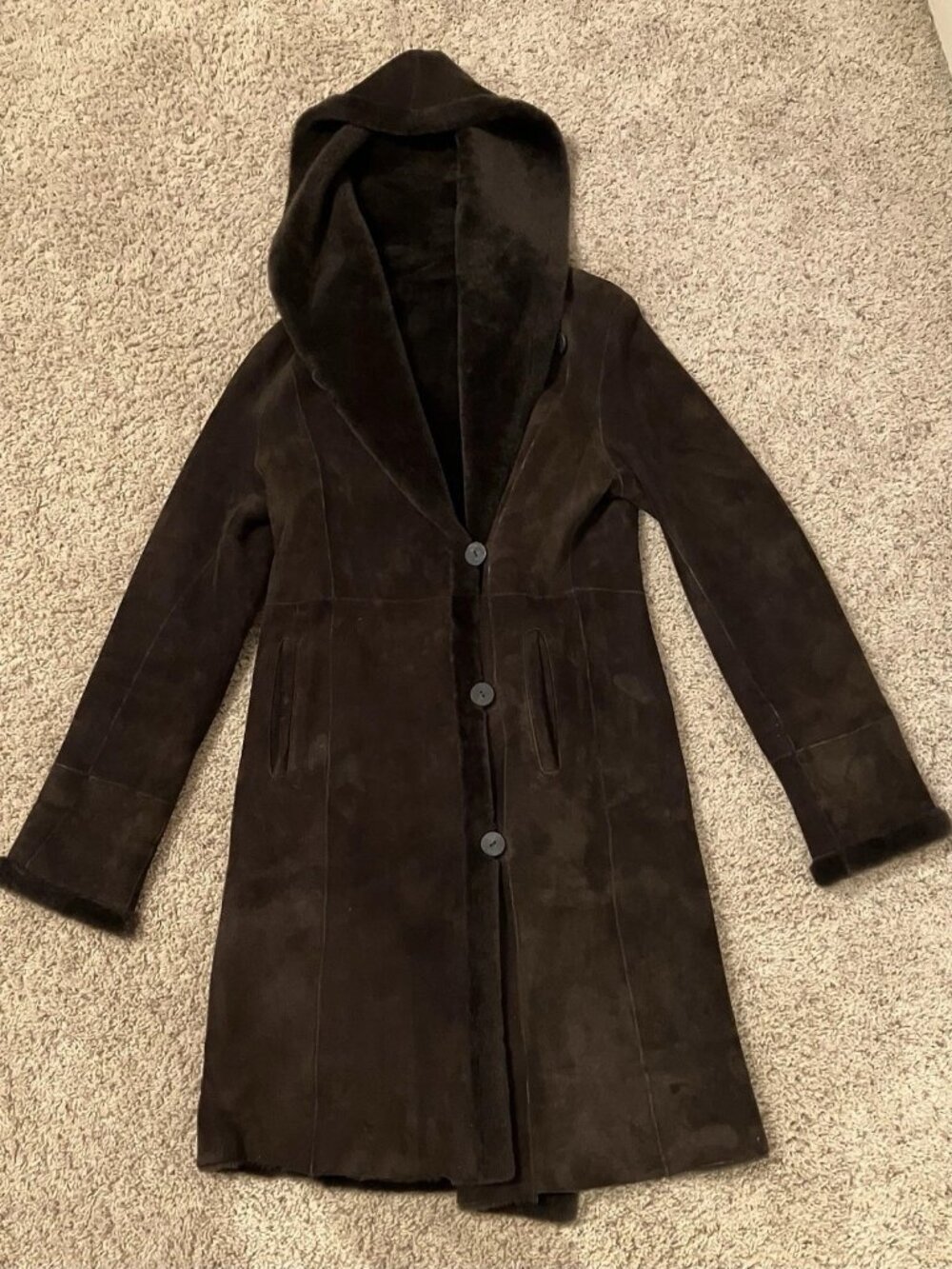 BELLE FARE Coat JACKET Long BROWN Trimmed SUEDE / FUR - Sz XS